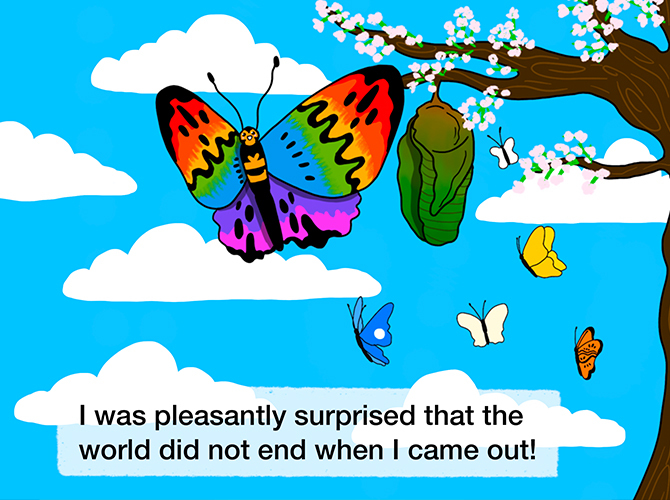 Illustration of a tree and colourful butterflies