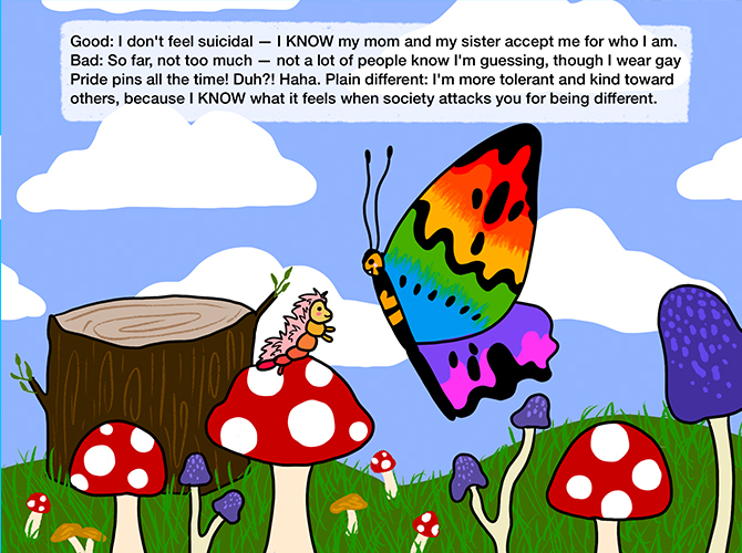 Illustration of a caterpillar, a butterfly and mushrooms