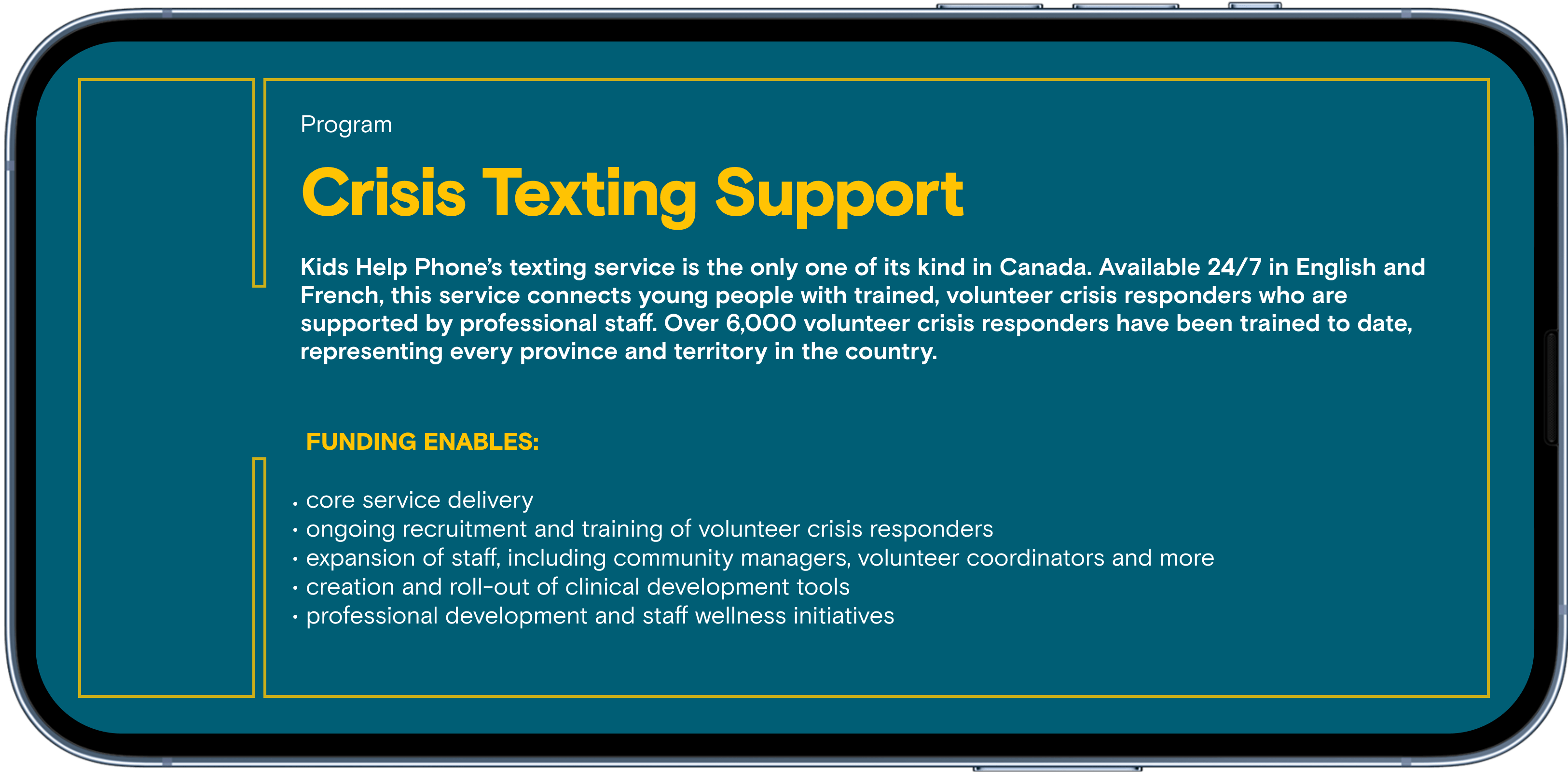 Crisis texting support information inside phone